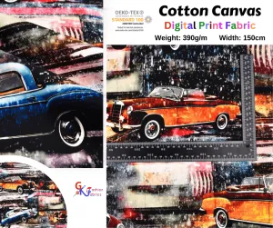 100 % Cotton Half Panama Printed Fabric / Canvas printed Fabric /   Vintage Car  Digital Print  Fabric