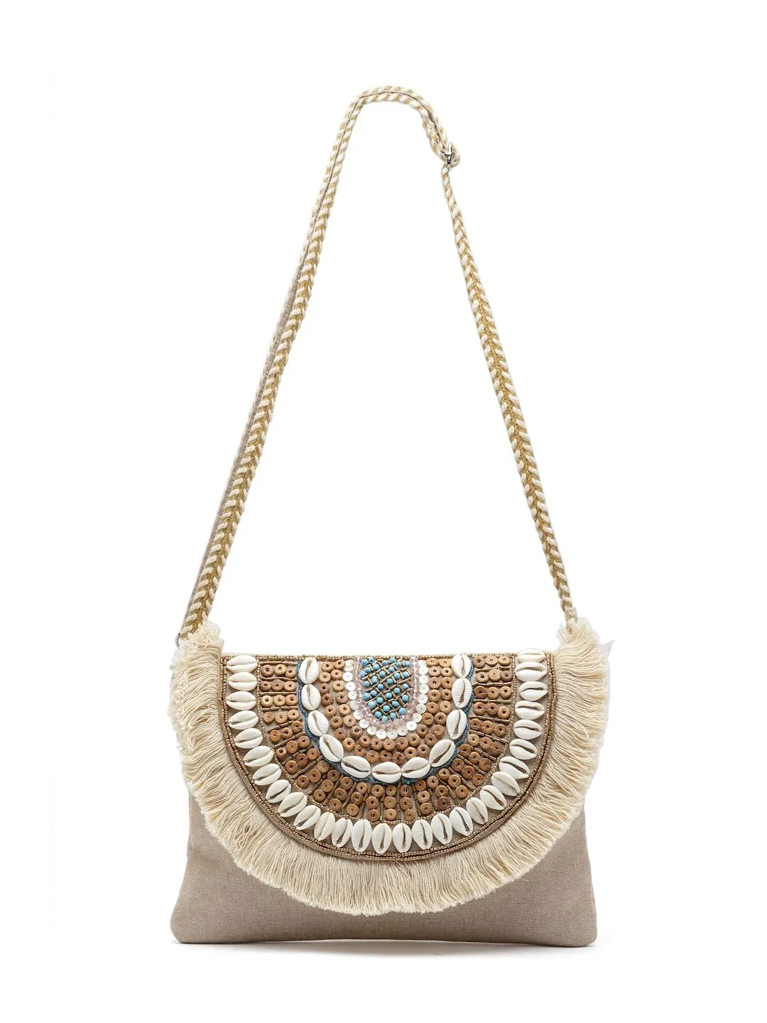 Anekaant Boho Nude & Brown Seashell Embellished Cotton Canvas Sling Bag