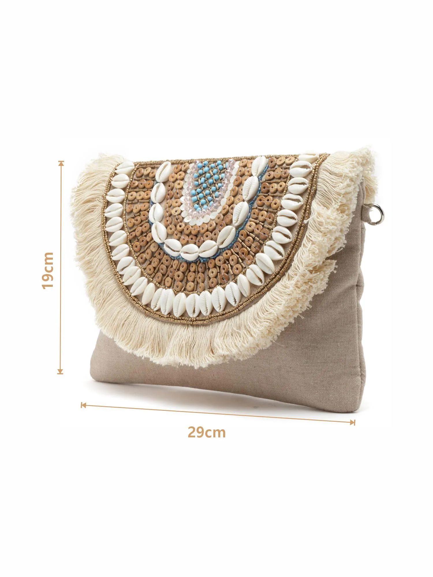 Anekaant Boho Nude & Brown Seashell Embellished Cotton Canvas Sling Bag