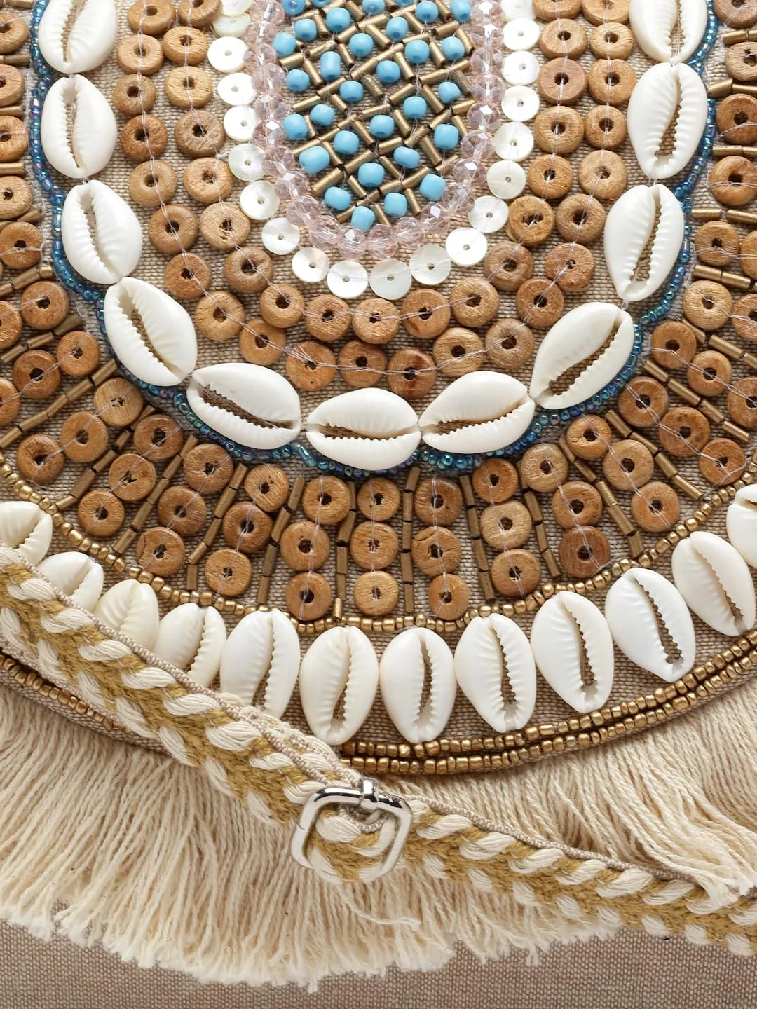 Anekaant Boho Nude & Brown Seashell Embellished Cotton Canvas Sling Bag