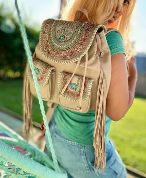 Celebrity Daytrip Studded Vegan Leather Embroidered Fringe Backpack in Turquoise Oat NEW