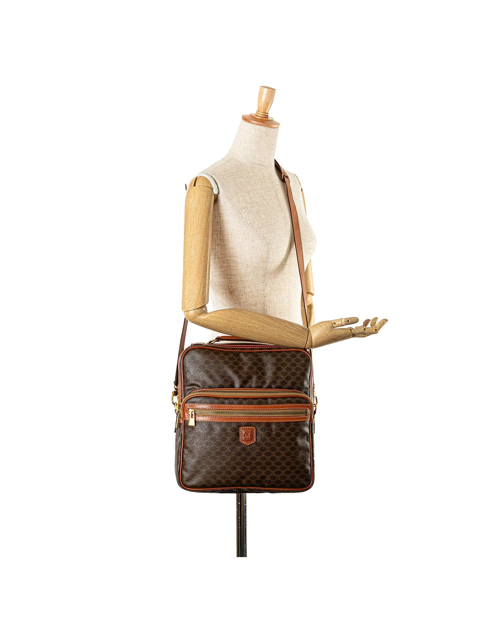 Coated Canvas Satchel with Leather Trim and Multiple Pockets