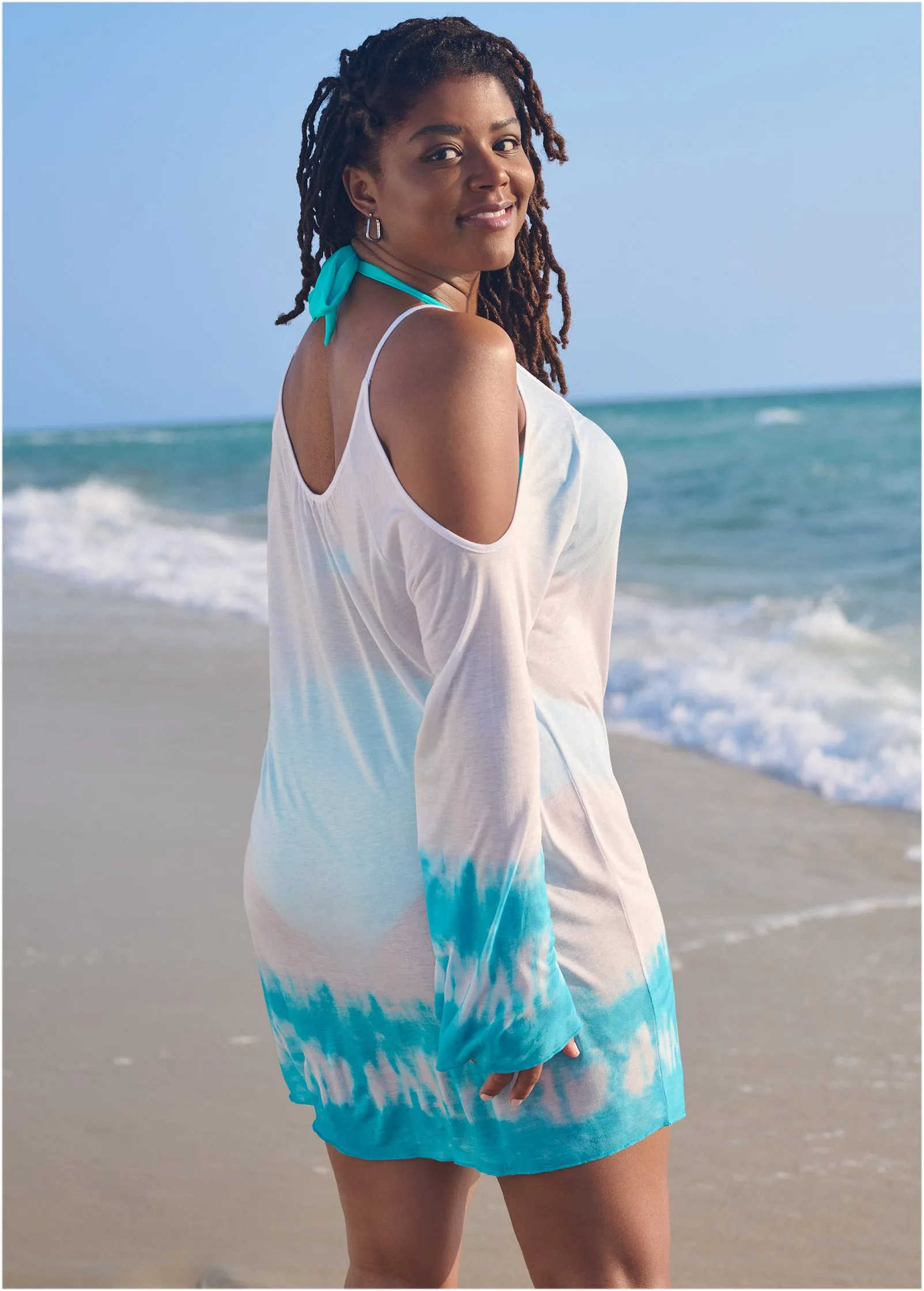 Cold Shoulder Cover-Up - Aqua & White