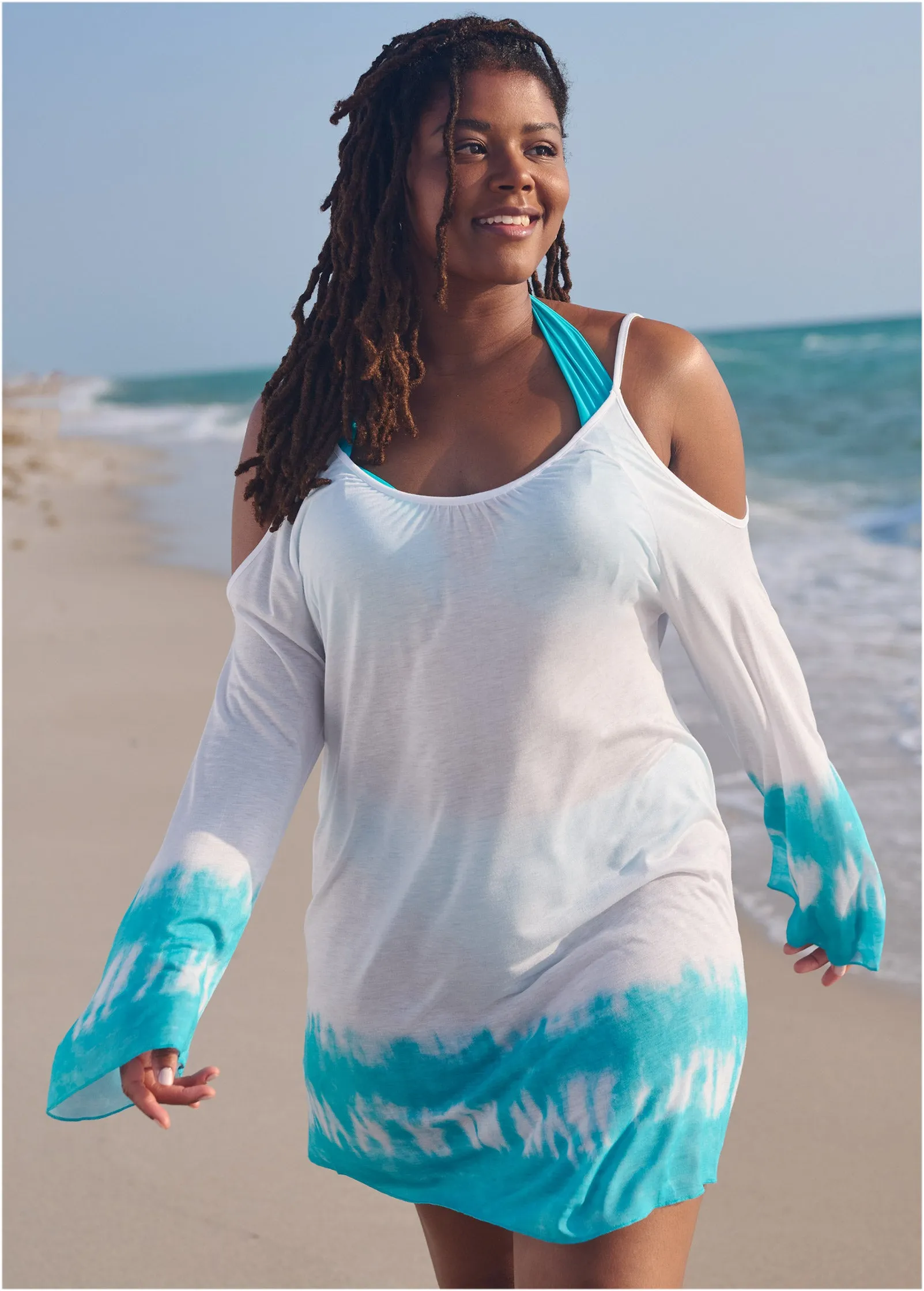 Cold Shoulder Cover-Up - Aqua & White