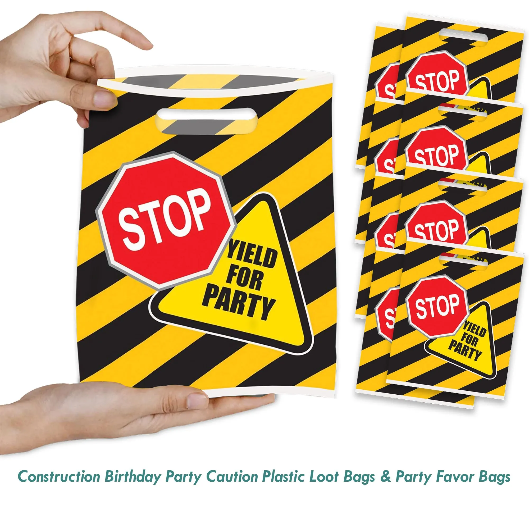 Construction Birthday Party Caution Plastic Loot Bags & Party Bags, 11 Inch Size, 16 Count