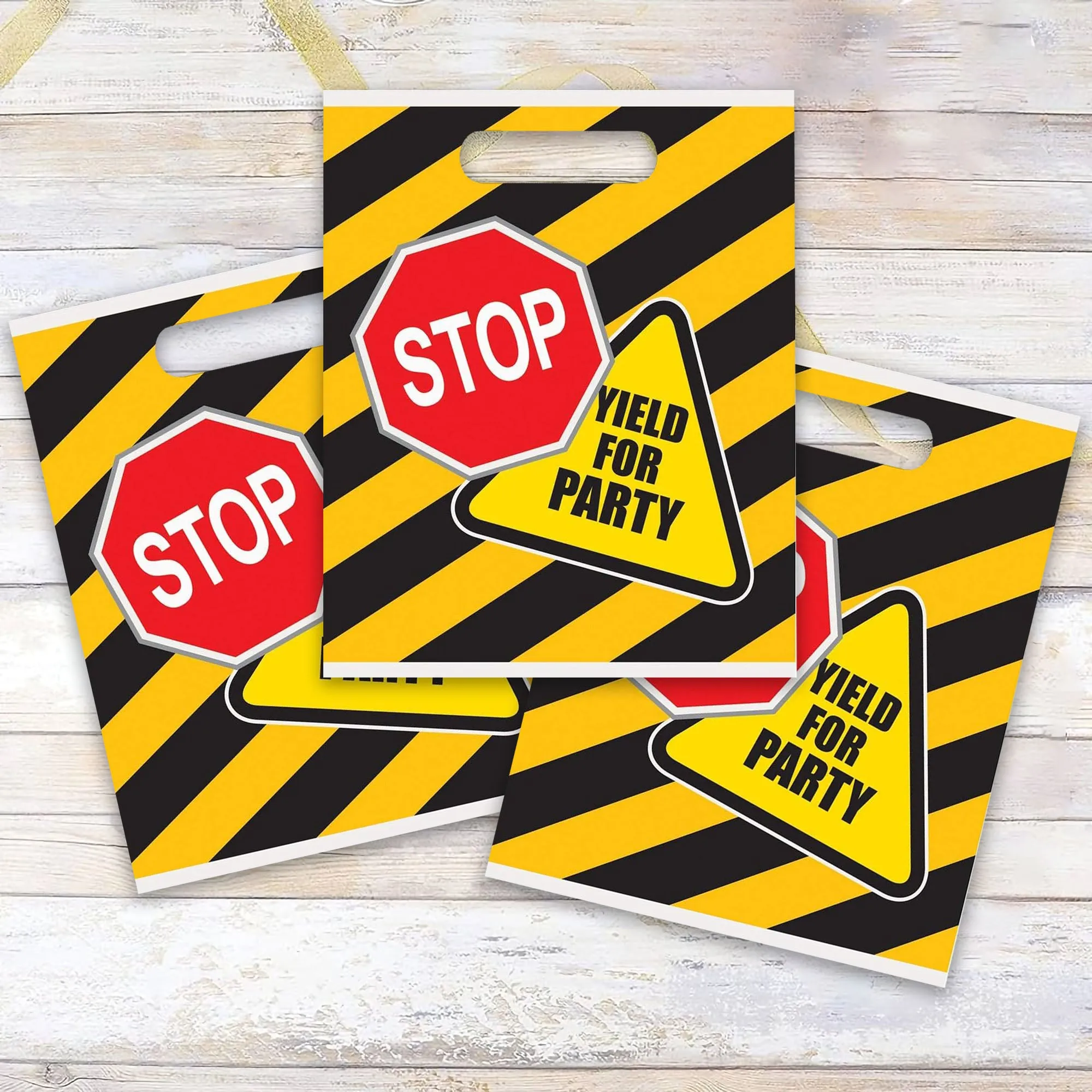 Construction Birthday Party Caution Plastic Loot Bags & Party Bags, 11 Inch Size, 16 Count