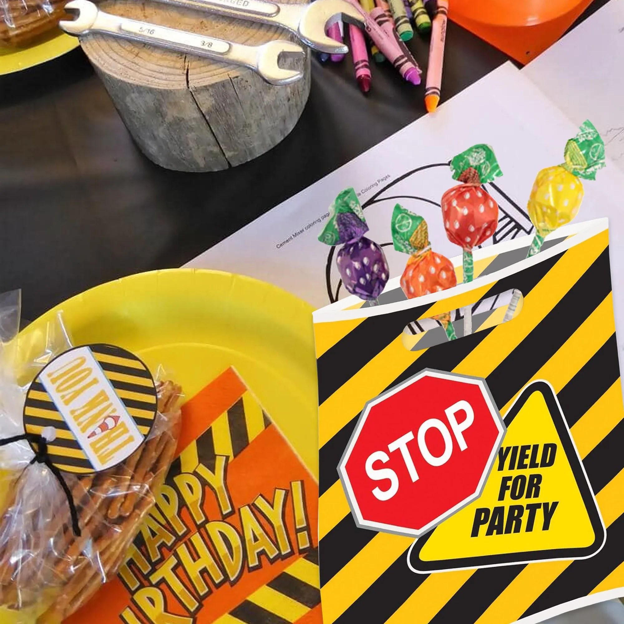 Construction Birthday Party Caution Plastic Loot Bags & Party Bags, 11 Inch Size, 16 Count