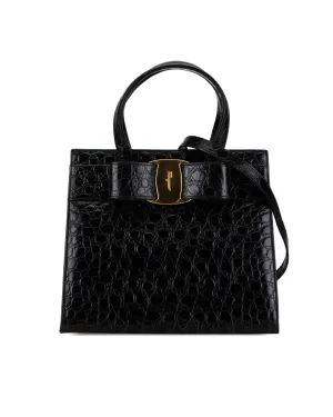 Croc Embossed Leather Vara Bow Satchel with Detachable Strap