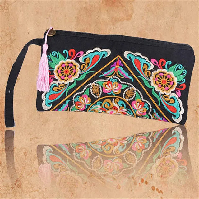 Hot Sales Women Retro Boho Ethnic Embroidered Wristlet Clutch Bag Handmade Purse Wallet Storage Bags