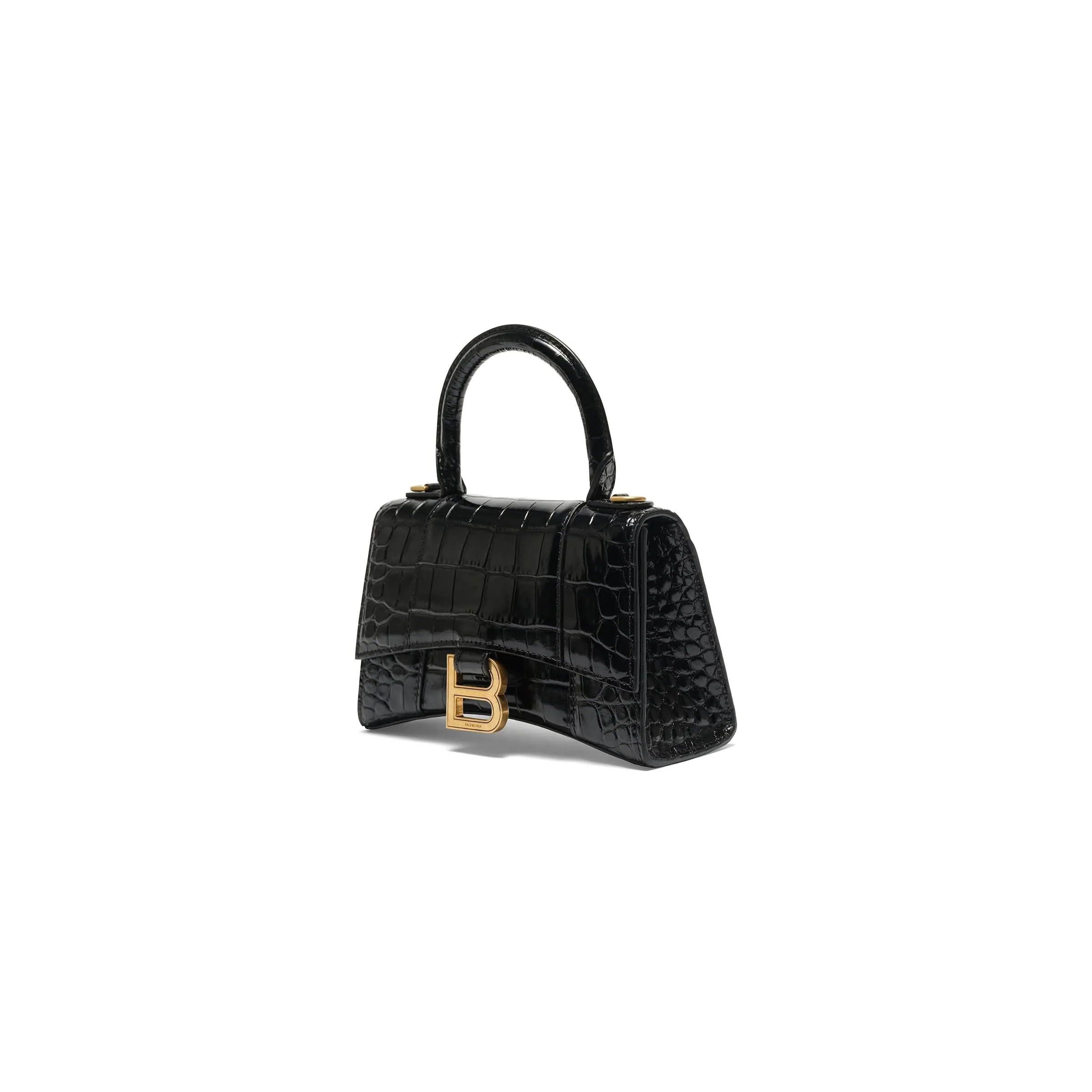 Hourglass XS Croco Embossed Bag in Black with Gold Plaque