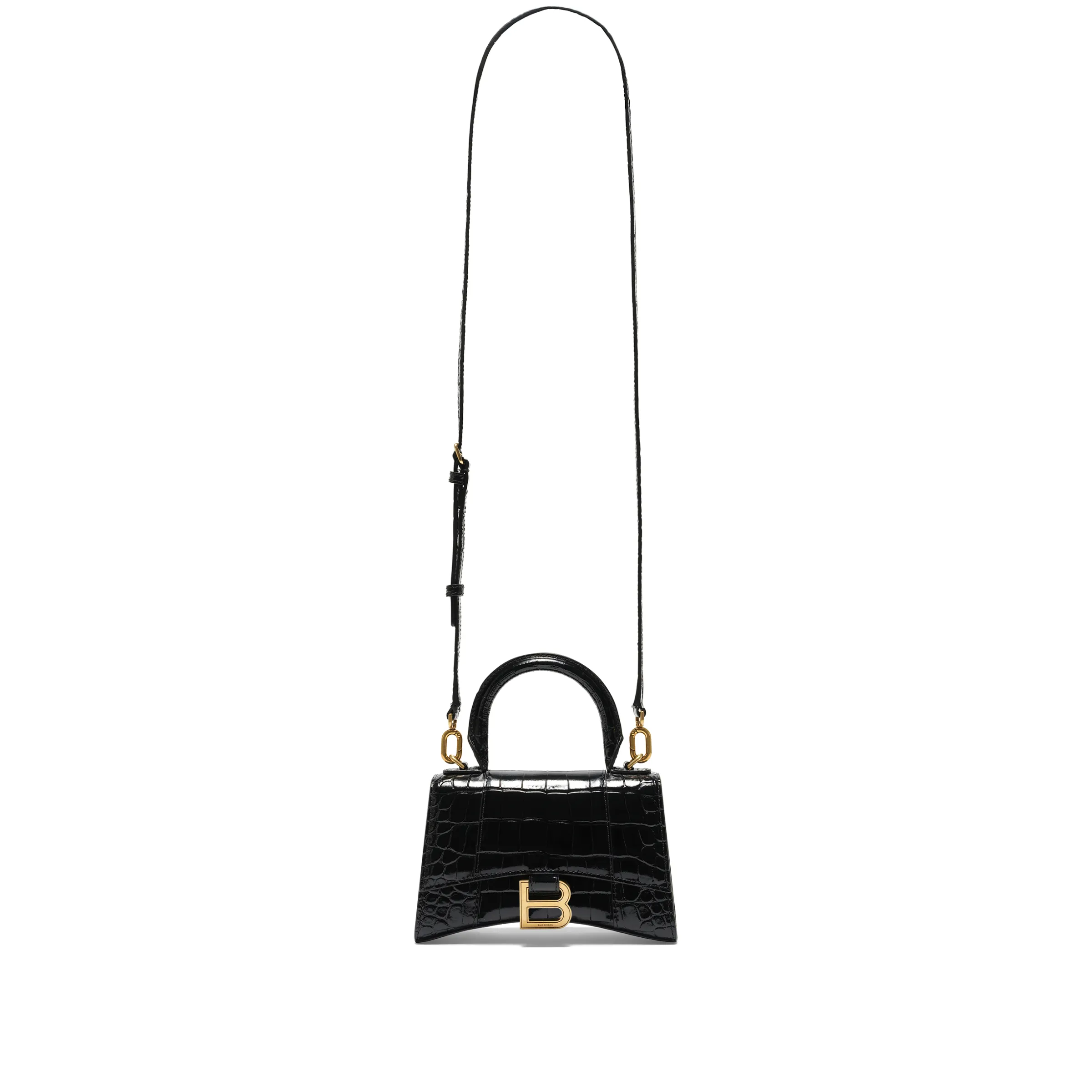 Hourglass XS Croco Embossed Bag in Black with Gold Plaque