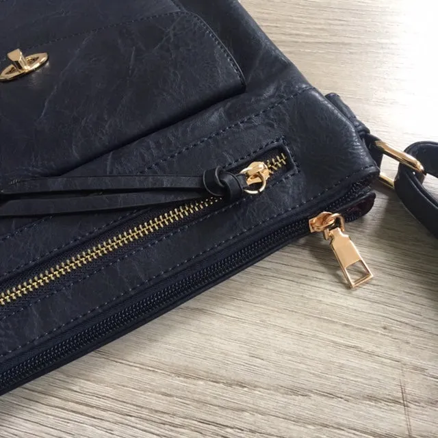 LARGE NAVY BLUE TURN LOCK MULTI COMPARTMENT CROSS BODY SHOULDER BAG WITH LONG STRAP