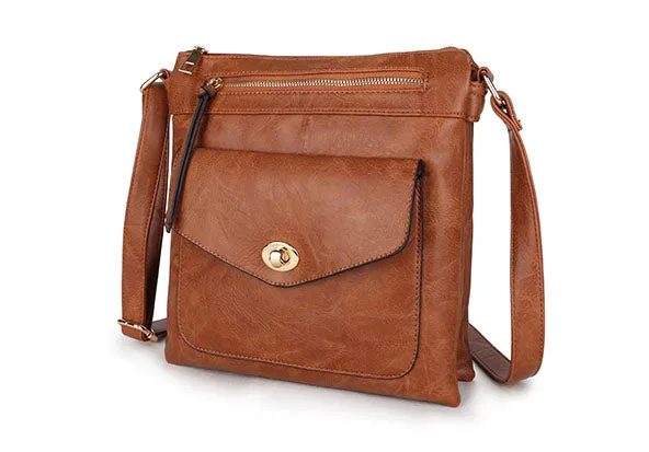 LARGE TAN TURN LOCK MULTI COMPARTMENT CROSS BODY SHOULDER BAG WITH LONG STRAP