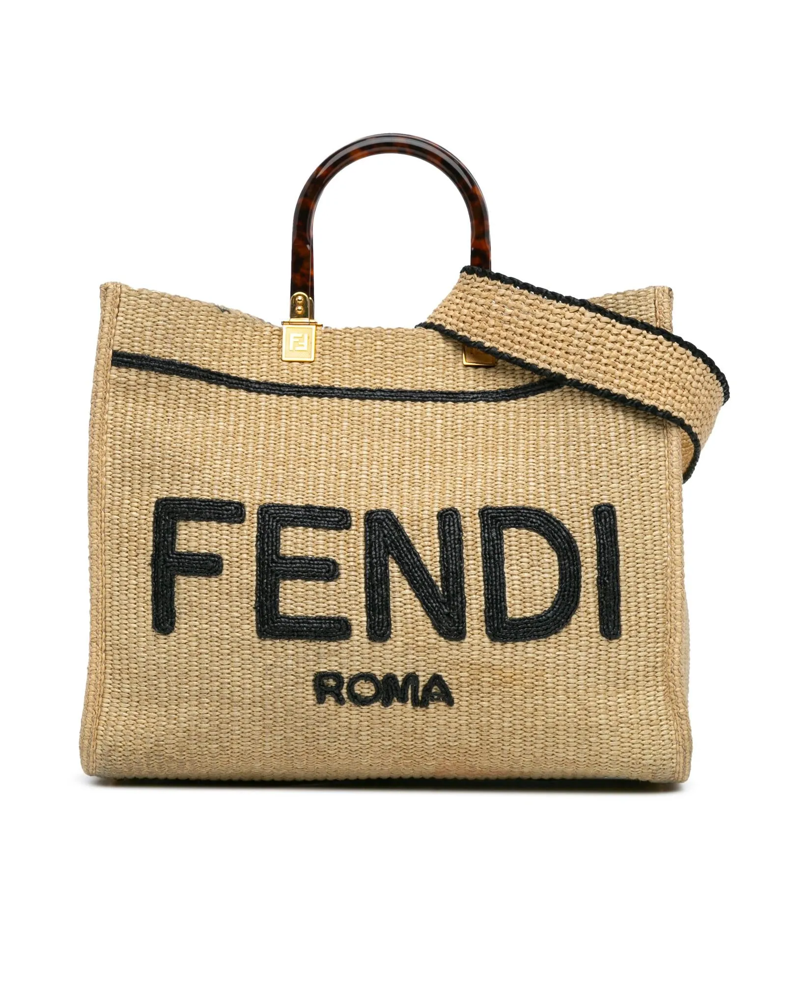 Medium Raffia Tote with Tortoise Shell Handles and Detachable Strap