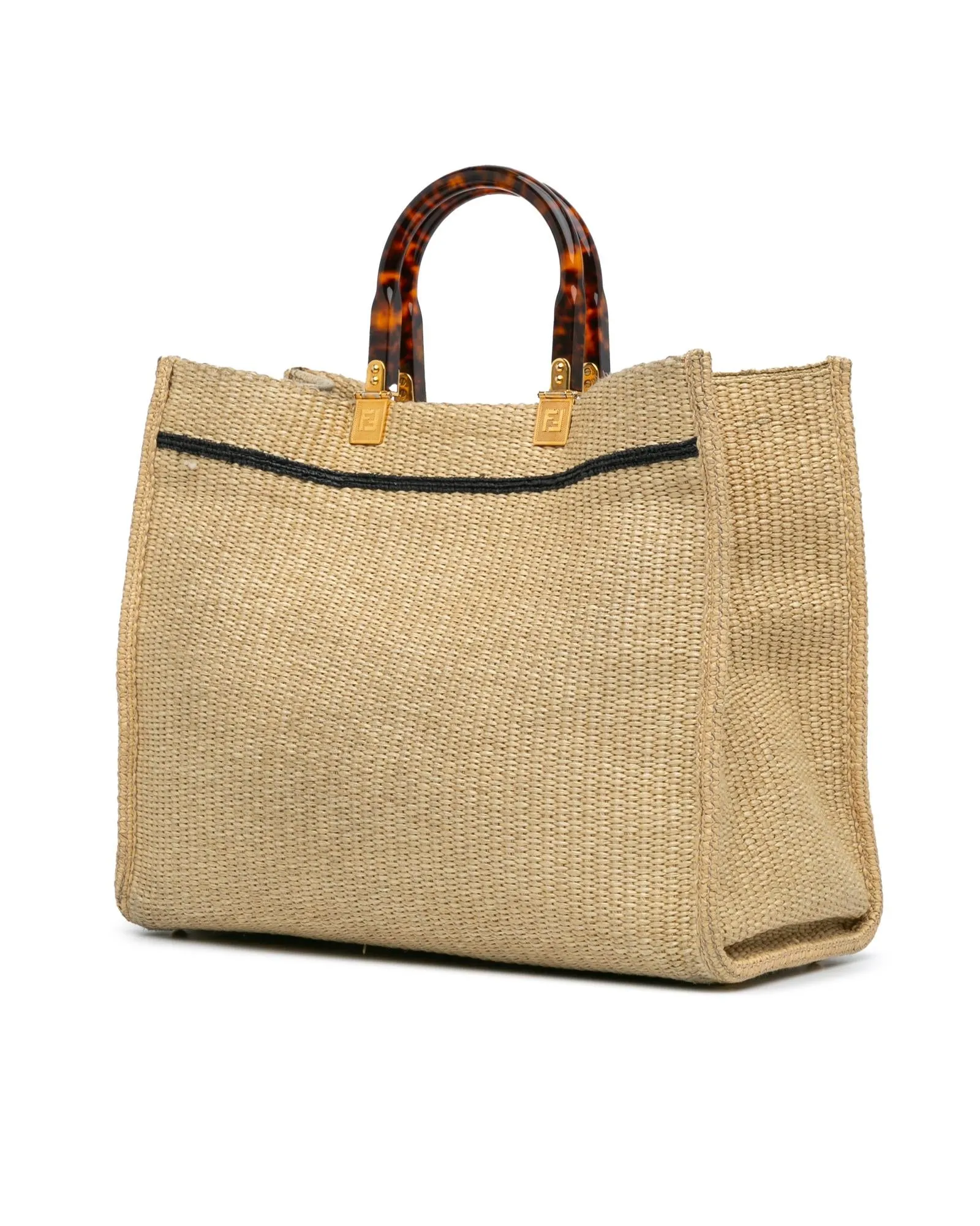 Medium Raffia Tote with Tortoise Shell Handles and Detachable Strap