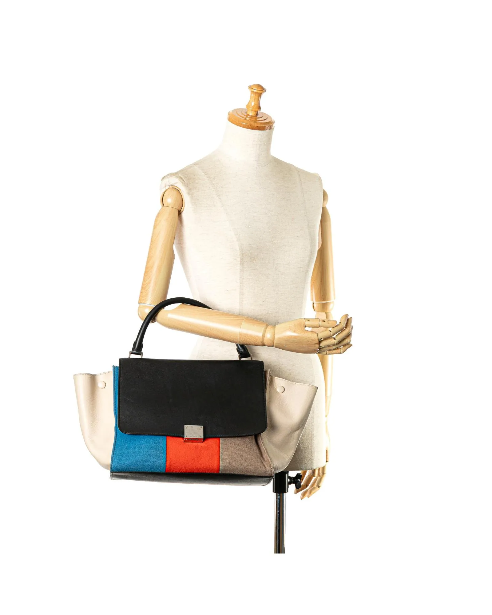 Medium Wool and Calfskin Colorblock Trapeze Satchel