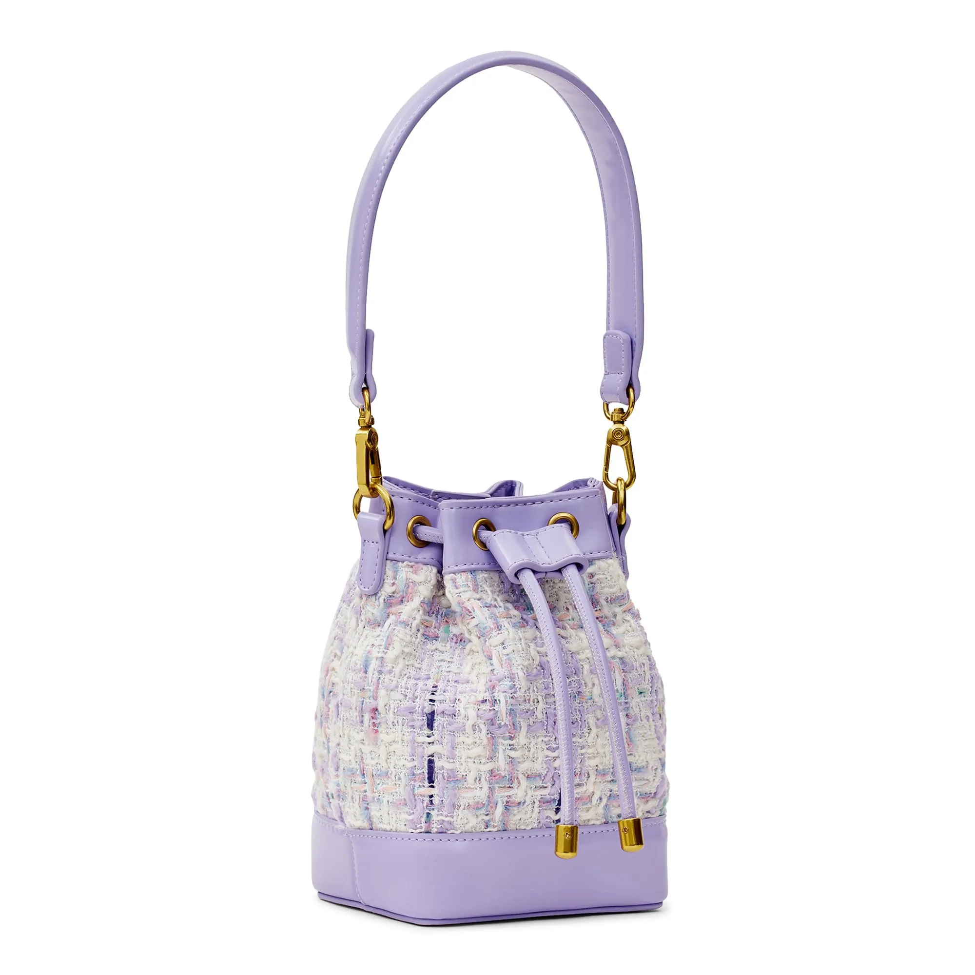 Miraggio Tiara Tweed Drawstring Bucket Handbag with Adjustable & Detachable Sling/Crossbody Strap for Women (Lavender)