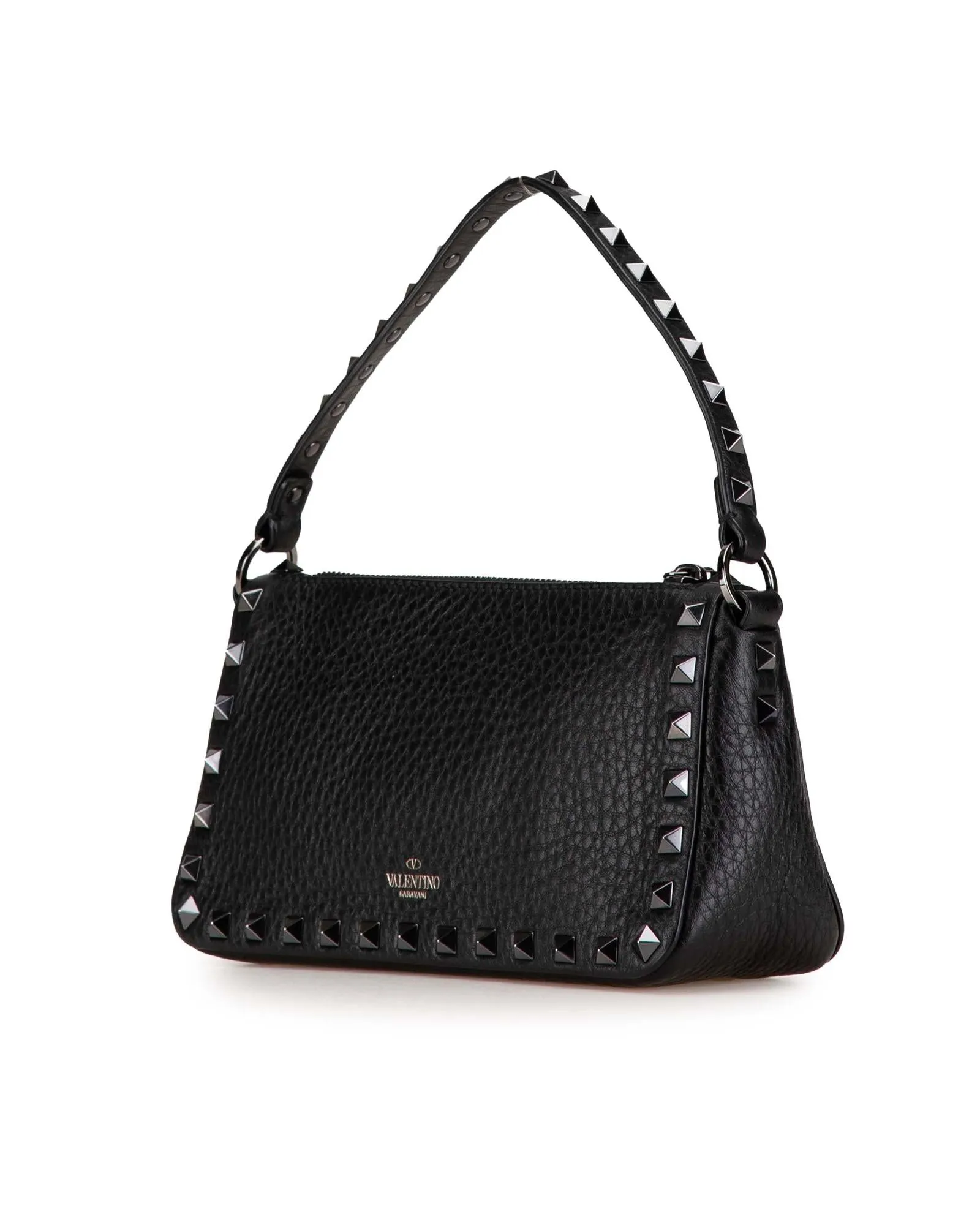 Pebbled Leather Rockstud Flip Lock Satchel with Detachable Strap