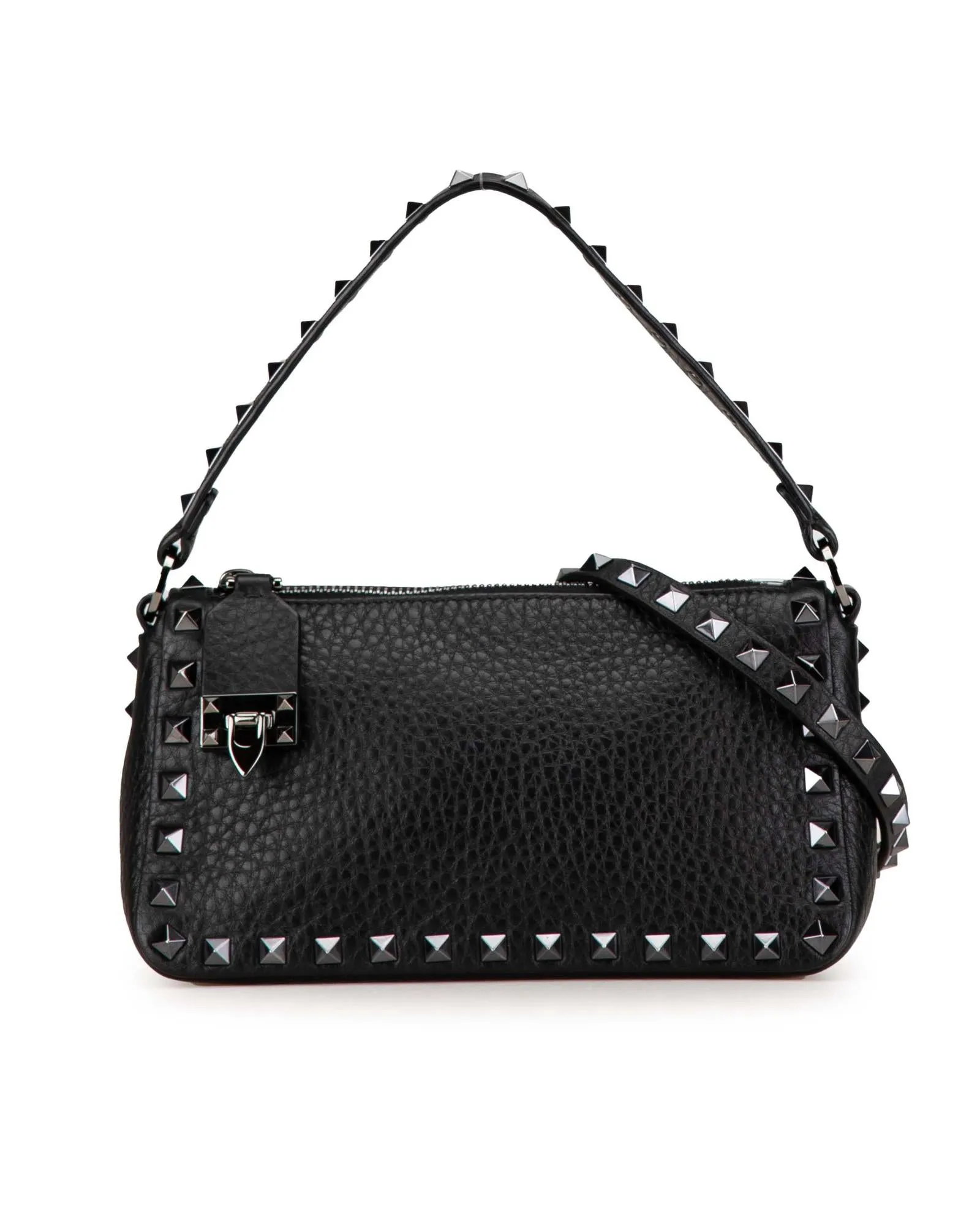 Pebbled Leather Rockstud Flip Lock Satchel with Detachable Strap