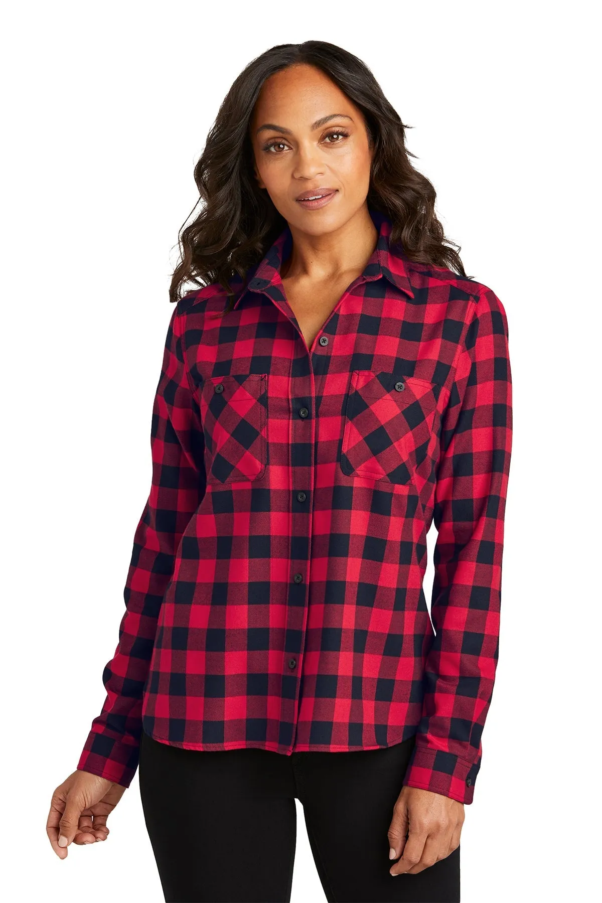 Port Authority Ladies Custom Plaid Flannel Shirts, Red/ Black Buffalo Check