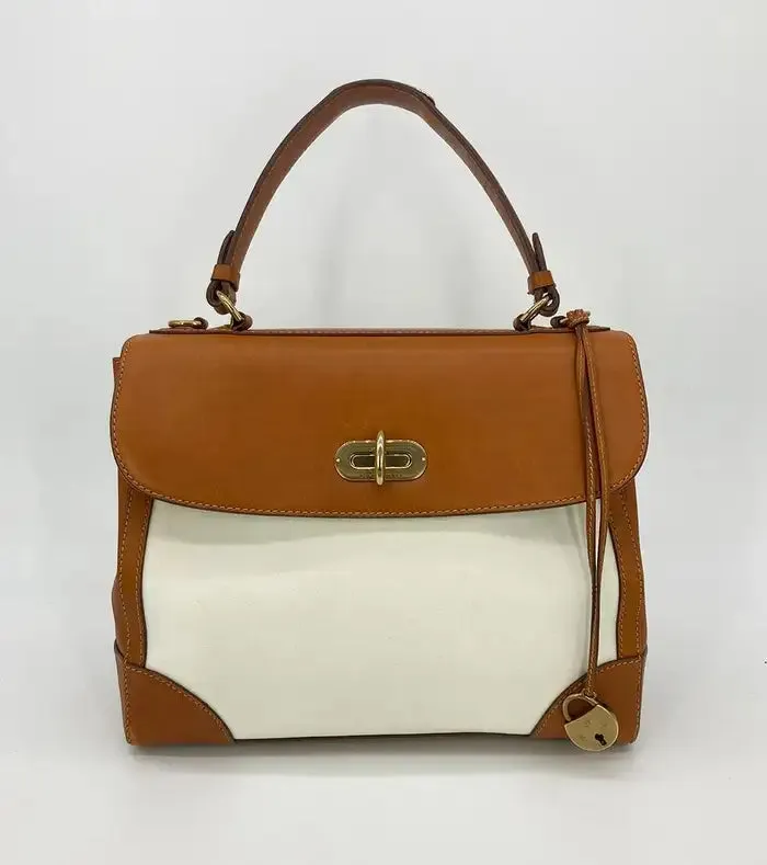 Ralph Lauren Vintage Cream Canvas Tan Leather Rickey Bag