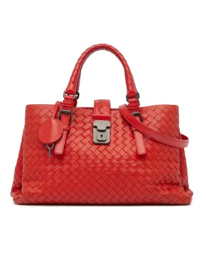 Small Intrecciato Roma Woven Leather Satchel with Detachable Strap